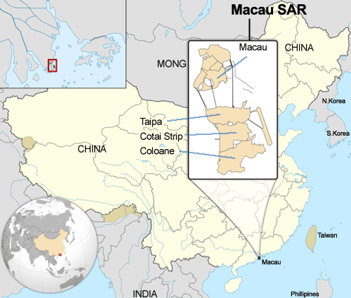 Map of Macau showing layout of SAR and surrounding countries.