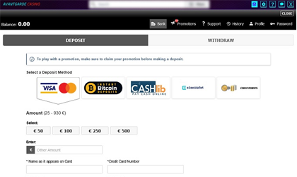 Banking and Customer Service at Avantgarde Casino