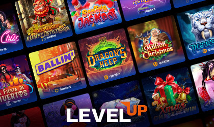 Screenshot showing a variety of Level Up pokies and casino game lobbies on desktop and mobile interfaces